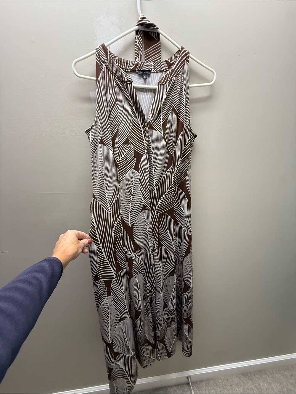Talbots Brown and White Leaf-Print Sleeveless Midi Dress